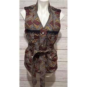 Anthropologie Womens Size M Elevenses Geo Safari Belted Sleeveless Vest Buttons